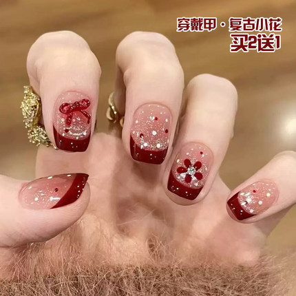 秋冬高级法式复古红色猫眼穿戴甲短款圣诞元旦指甲贴片可拆卸美甲
