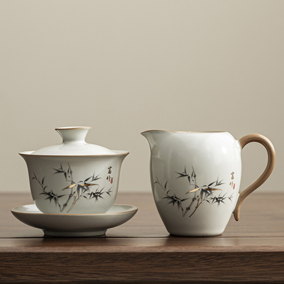 三才盖碗公道杯茶漏泡茶具家用分泡茶器汝窑富竹功夫茶具套装陶瓷