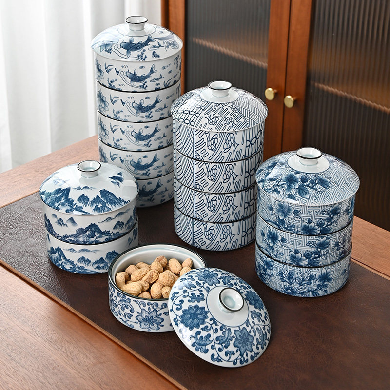 复古新款国潮青花繁花带盖果盘茶桌茶具配件中式陶瓷家用干果盘图片