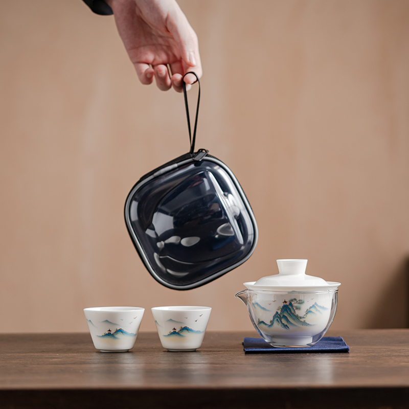 羊脂玉便携式旅行茶具收纳包陶瓷户外盖碗快客一壶二杯logo定制