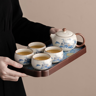 汝窑青花山水西施壶一壶两杯花团锦簇茶盘复古陶瓷功夫茶具套装