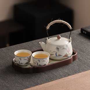 手绘山水提梁壶茶具套装一壶两杯带茶盘汝瓷家用功夫茶器套装