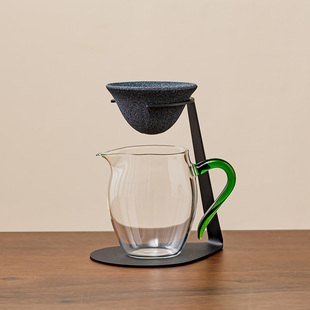 黑陶茶漏绿柄玻璃公道杯一体支架过滤组功夫茶分茶器茶具配件