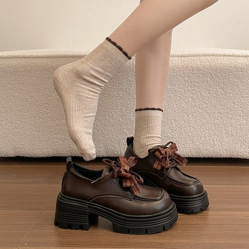 复古英伦风蝴蝶结粗跟单鞋女2025秋冬新款加绒厚底百搭jk小皮鞋潮