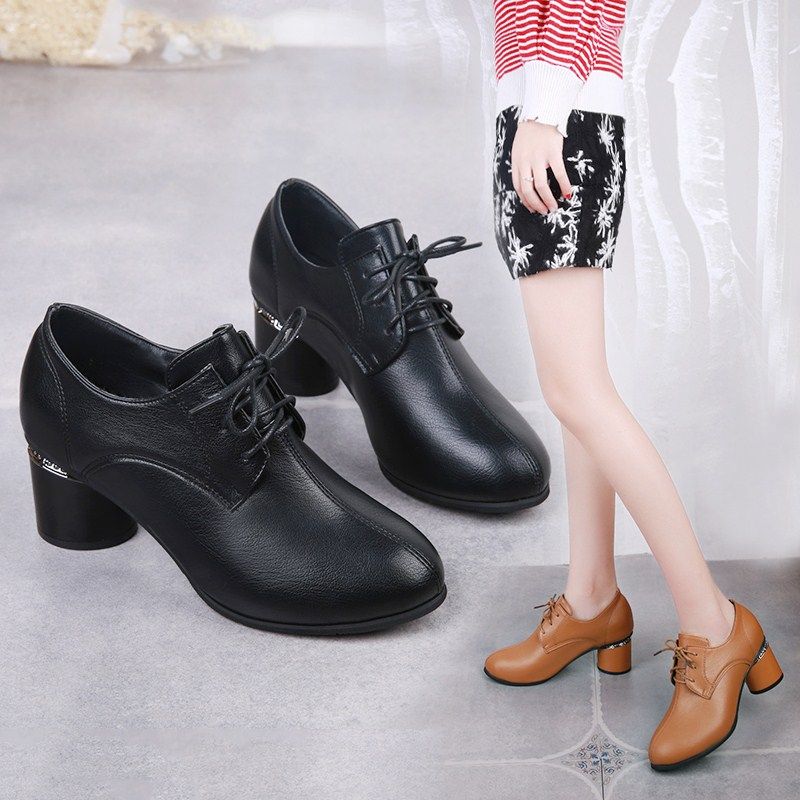 2019新款春秋季黑色系带单鞋女鞋中跟高跟粗跟百搭中年女士皮鞋在类目 女鞋, 低帮鞋中 - 来自Buy2taobao.com提供专业的淘宝代购服务