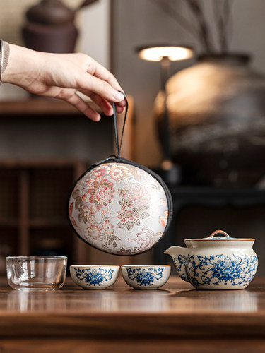 米色纠缠莲花手持茶壶2杯陶瓷片存储便携式户外露营式旅行茶具