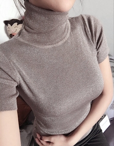 短袖银丝高领针织衫女2019春秋款套头亮丝半袖打底衫金丝气质小衫