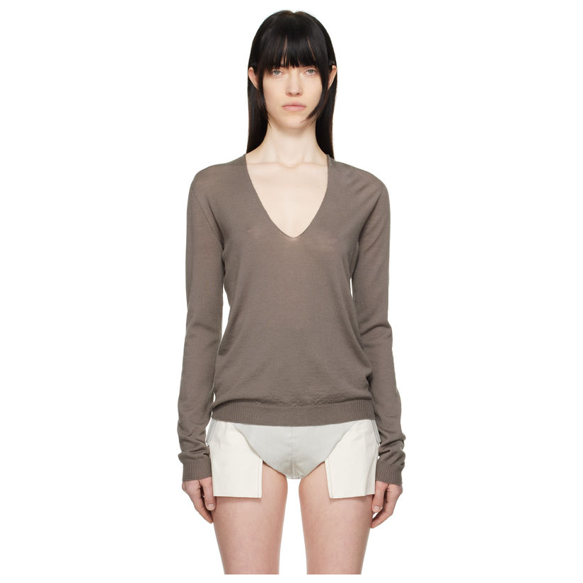RICKOWENS 灰褐色 Hollywood V Neck Pull 毛衣女套头衫时尚经