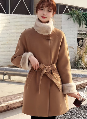 90白鸭绒内胆加厚毛呢大衣外套女