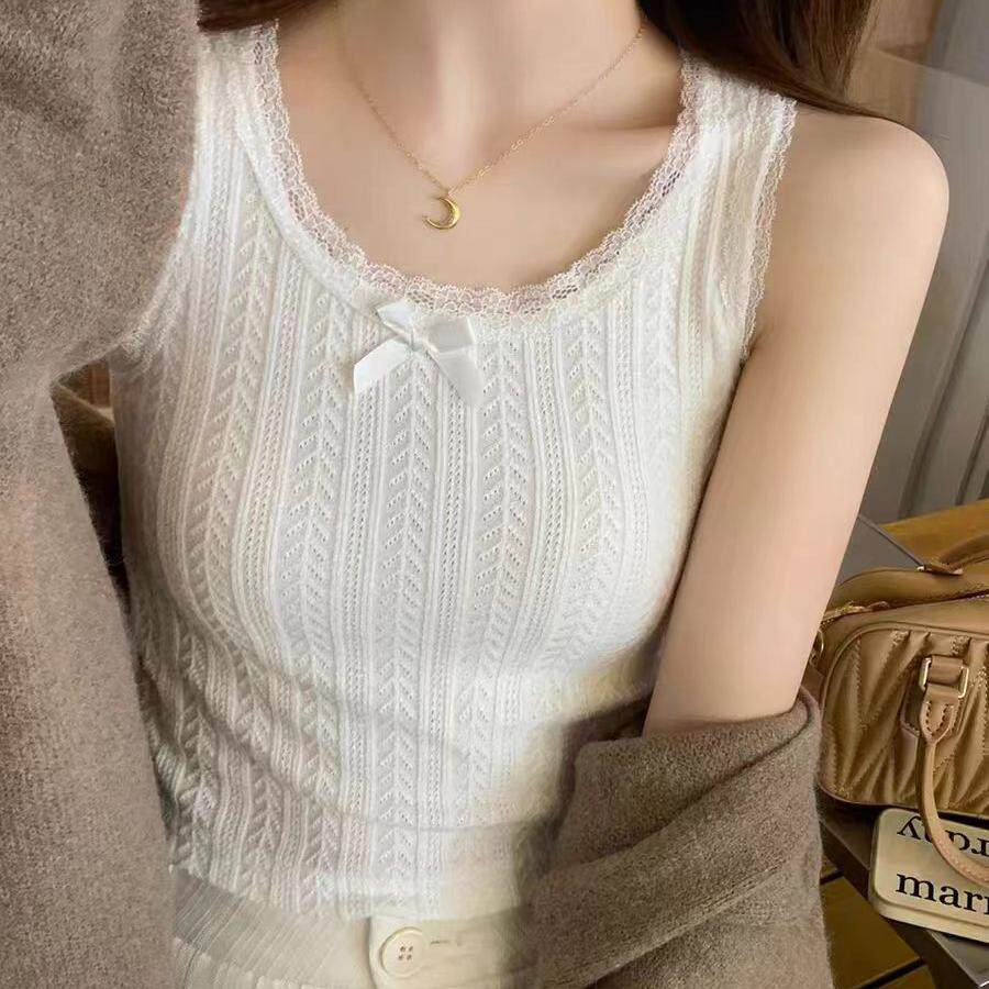 蝴蝶结蕾丝工字背心带胸垫修身显瘦春夏季内搭辣妹短款打底上衣女