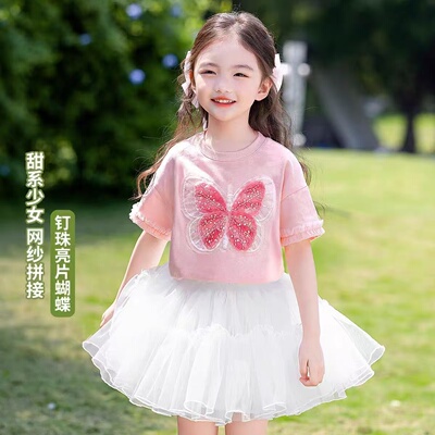 亮片蝴蝶纯棉女童短袖t