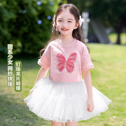亮片蝴蝶纯棉女童短袖t女孩夏季新款童装洋气儿童衣服上衣T恤夏装