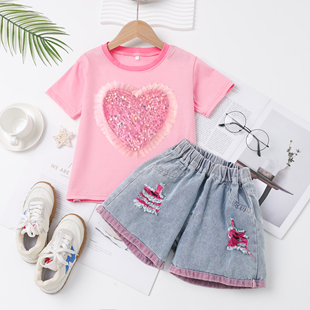 女孩洋气哪吒T恤牛仔短裤 女童短袖 两件套潮 童装 新款 套装 2025夏季