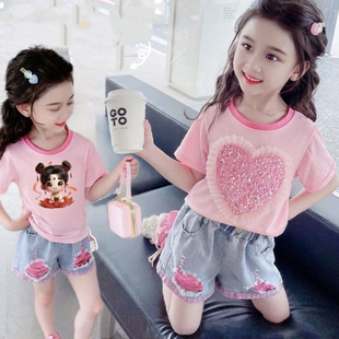 女童网红炸街时髦牛仔短裤女孩2025新款洋气夏季儿童宝宝夏装套装