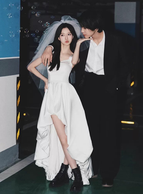 法式吊带小个子前短后长白色轻婚纱新娘订婚旅拍出门纱领证礼服裙