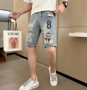 2021男夏季短裤韩版潮流牛仔裤五分裤破洞立体印花5分裤网红-p48图片