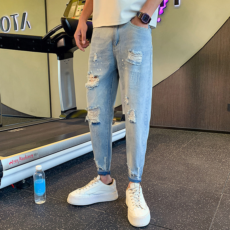夏季男士牛仔裤九分裤裤子宽松潮牌休闲破洞八分裤2023-P48,男装牛仔裤,电商A270
