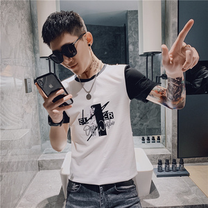 短袖男潮牌潮流上衣服韩版修身潮牌时尚个性小衫精神小伙帅气P38图片