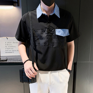 夏季男士t恤男装短袖修身半袖翻领潮流体恤polo衫高级感痞帅P48图片