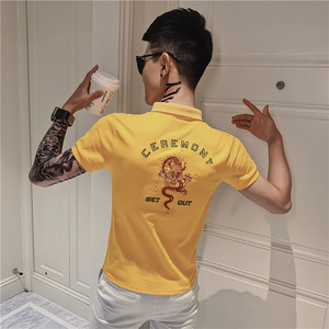 2025夏季新款短袖T恤男半袖polo衫修身翻领潮牌网红衣服黄P08-p45图片