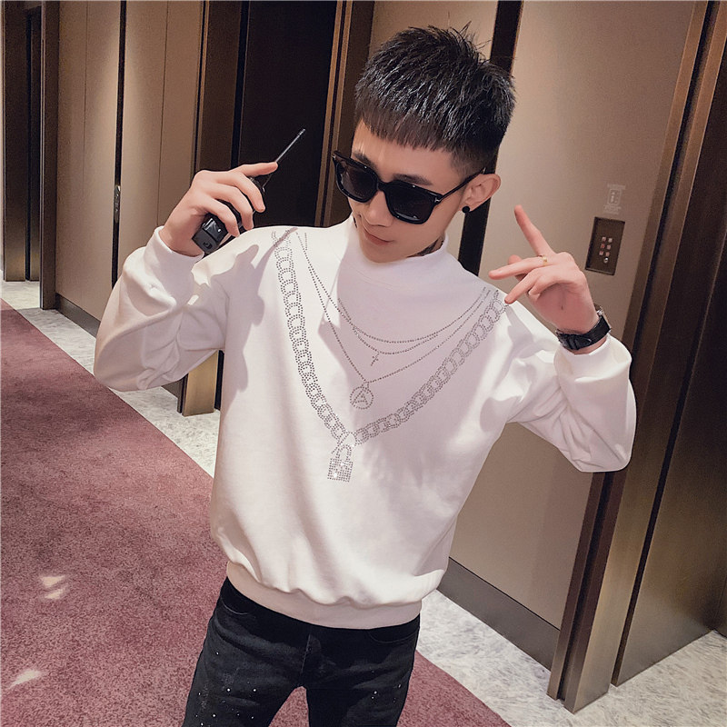 秋季男士套头卫衣烫钻长袖加绒加厚打底衫高领潮牌外套冬季P65,男装T恤,电商A270