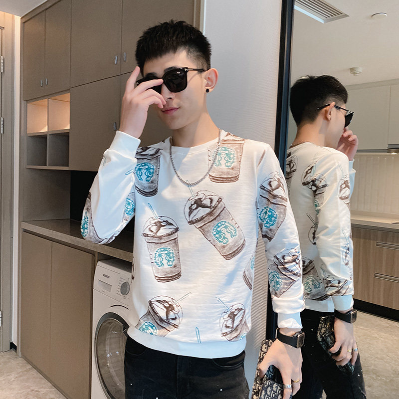 2025年秋季卫衣男春秋款痞帅印花潮流打底衫无帽上衣服炸街P50,男装T恤,电商A270