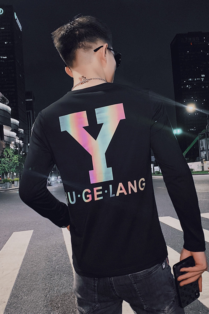 男长袖t恤修身潮流打底衫上衣服2025秋季新款韩版潮牌反光个性P40,男装T恤,电商A270