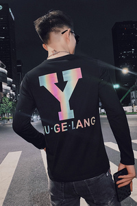 男长袖t恤修身潮流打底衫上衣服2025秋季新款韩版潮牌反光个性P40图片