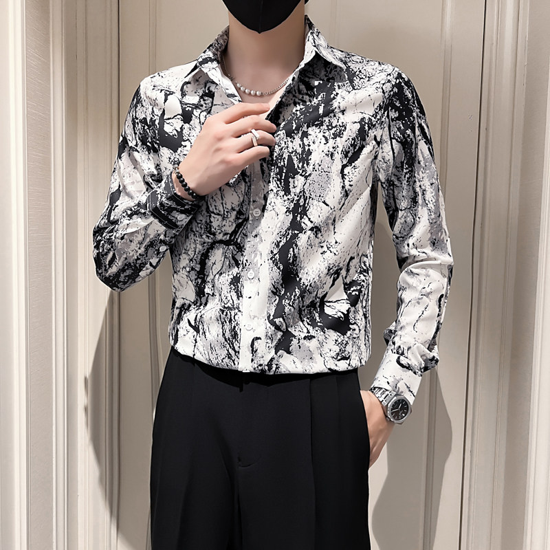 2025春秋季新款韩版修身发型师泼墨印花长袖衬衫潮牌衬衣P55,男装衬衫,电商A270