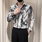 2025春秋季新款韩版修身发型师泼墨印花长袖衬衫潮牌衬衣P55，男装衬衫，电商A270