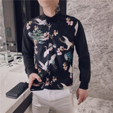 男士衬衫修身印花仙鹤帅气百搭潮流上衣服衬衣工作服精神小伙P50，男装衬衫，电商A270