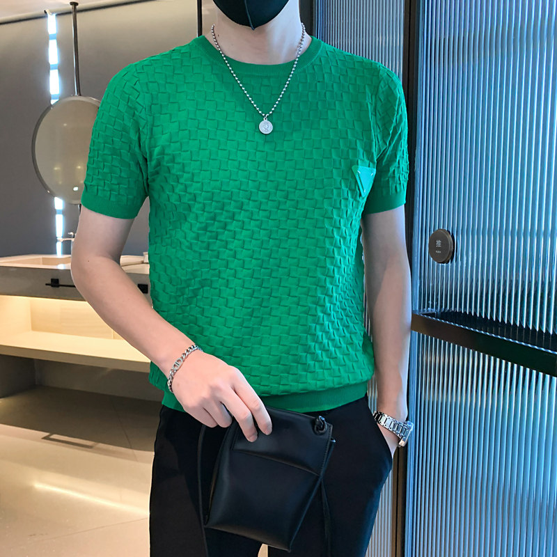 夏季男士t恤男装上衣短袖修身半袖冰丝潮流纯色圆领体恤针织衫P48,男装T恤,电商A270