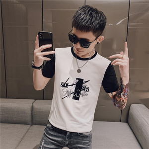 短袖男潮牌潮流上衣服韩版修身潮牌时尚个性小衫精神小伙帅气P38图片