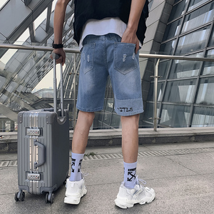2025男夏季短裤韩版潮流牛仔裤五分裤破洞浅色5分裤网红NZ21-p45图片
