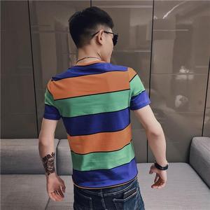 夏季男士彩色条纹T恤彩虹短袖半袖时尚个性网红潮流衣服潮牌P38图片