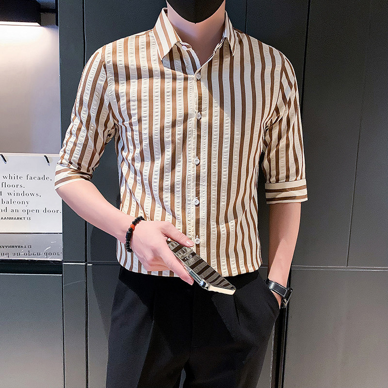 夏季男士衬衫衬衣男装短袖修身半袖中袖潮流条纹五分袖发型师P55,男装T恤,电商A270