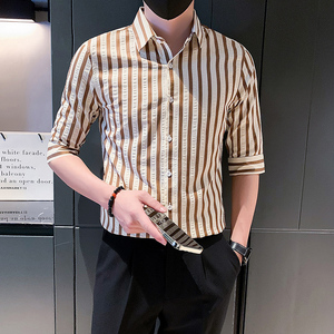 夏季男士衬衫衬衣男装短袖修身半袖中袖潮流条纹五分袖发型师P55图片