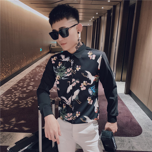 男士衬衫修身印花炸街帅气百搭潮流上衣服衬衣工作服精神小伙P50图片