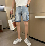 2025男夏季短裤韩版潮流牛仔裤工装五分裤破洞浅色立体裤网红p55，男装牛仔裤，电商A270