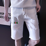 中潮流牛仔潮牌薄修身破洞夏季短裤休闲弹力男裤子五分裤白色P48，男装牛仔裤，电商A270