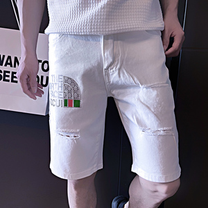 中潮流牛仔潮牌薄修身破洞夏季短裤休闲弹力男裤子五分裤白色P48图片