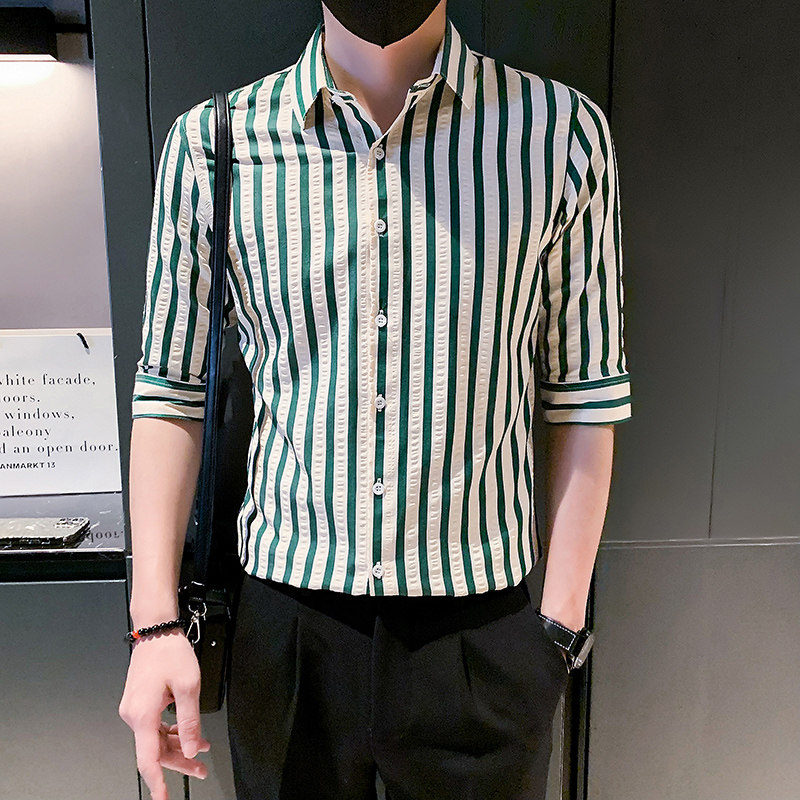 夏季男士衬衫衬衣男装短袖修身半袖中袖潮流条纹五分袖发型师P55,男装T恤,电商A270