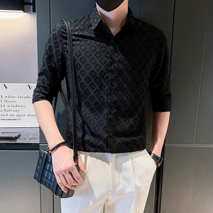 夏季男士衬衫衬衣上衣中袖潮流休闲帅气痞帅高级感发型师P58图片