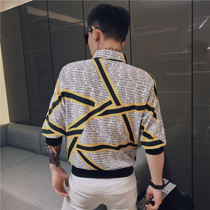 条纹衬衫男短袖衬衣精神小伙七分袖韩版帅气白搭半袖衣服潮流P45图片