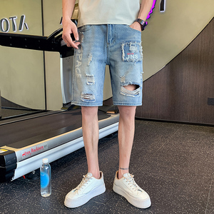 2025夏季男士短裤五分裤牛仔破洞薄款乞丐裤高级感痞帅P45图片