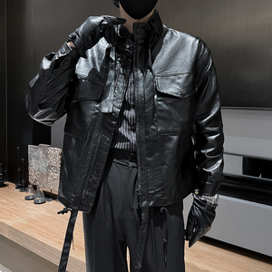 2025男士皮夹克潮牌痞帅工装皮衣外套精神小伙P88图片