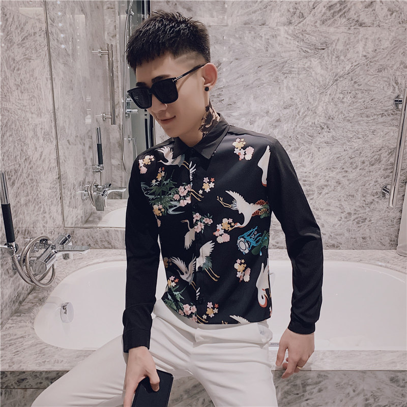 男士衬衫修身印花炸街帅气百搭潮流上衣服衬衣工作服精神小伙P50,男装衬衫,电商A270