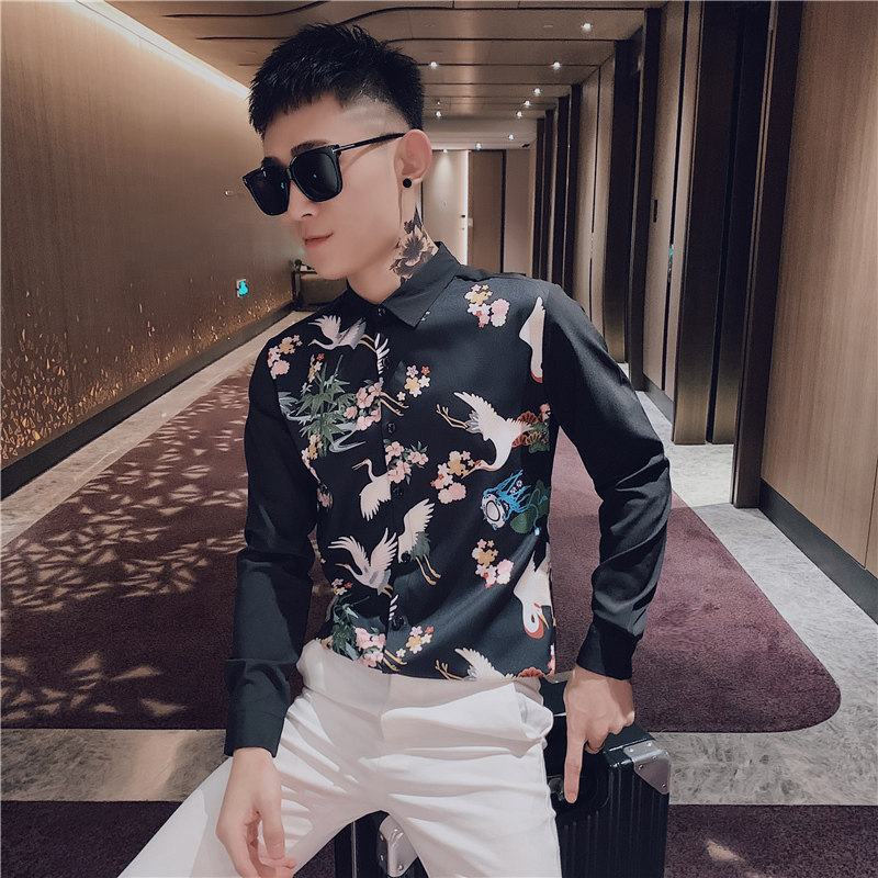 男士衬衫修身印花炸街帅气百搭潮流上衣服衬衣工作服精神小伙P50,男装衬衫,电商A270