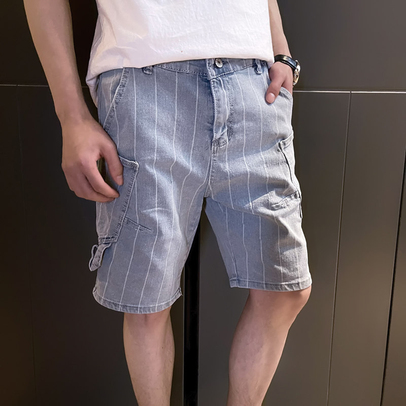 薄款潮流中裤条纹宽松牛仔工装裤夏季男生五分短裤男裤潮牌p48图片