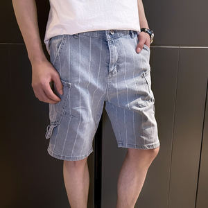 薄款潮流中裤条纹宽松牛仔工装裤夏季男生五分短裤男裤潮牌p48图片